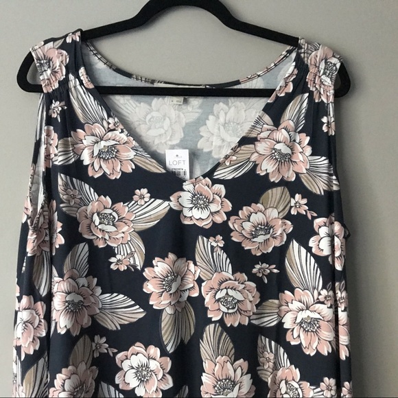 NWT Loft Plus Gray & Pink Soft Jersery Floral V Neck Swing Dress Women's Size 14 - Picture 4 of 8